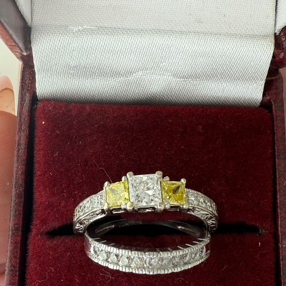 White gold, diamond and yellow diamond wedding set